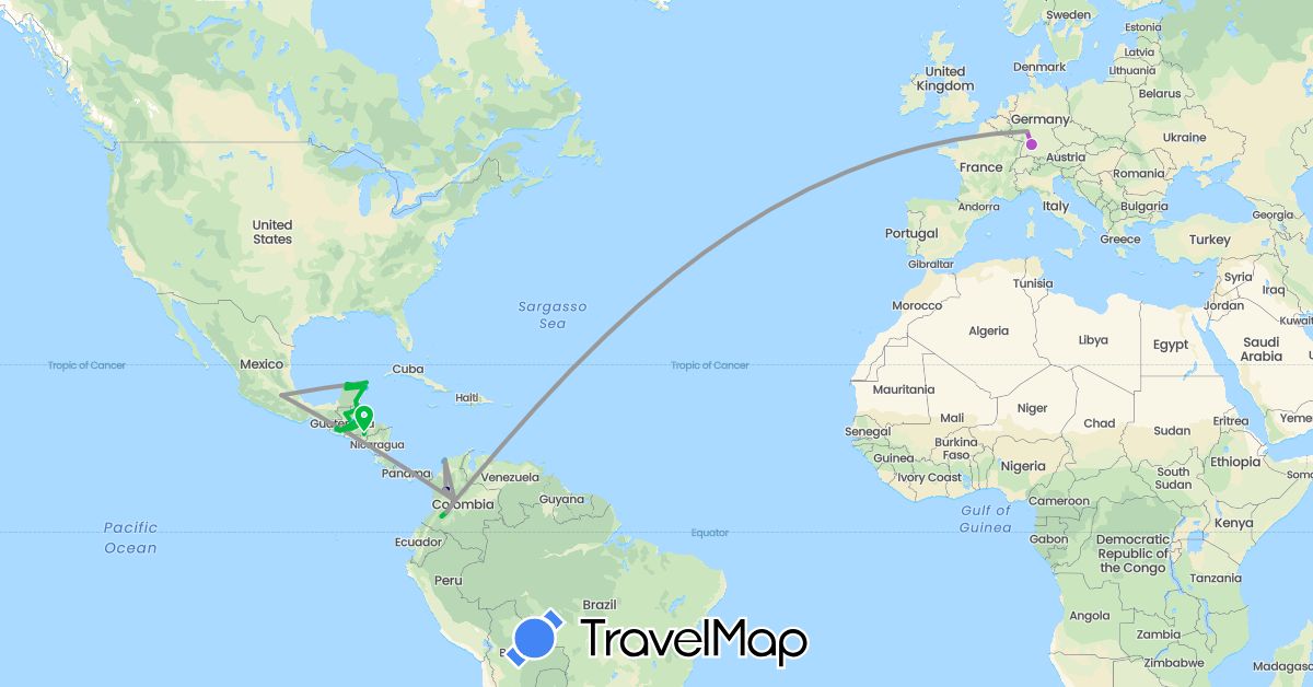 TravelMap itinerary: driving, bus, plane, train, boat in Belize, Colombia, Germany, Guatemala, Honduras, Mexico (Europe, North America, South America)